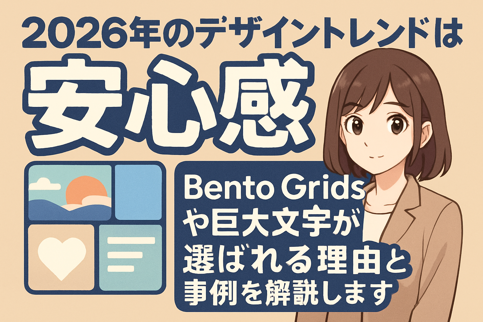 2026年のデザイントレンドは「安心」がキーワード。なぜ企業は「Bento Grids」や「巨大文字」を選ぶのか？のサムネイル