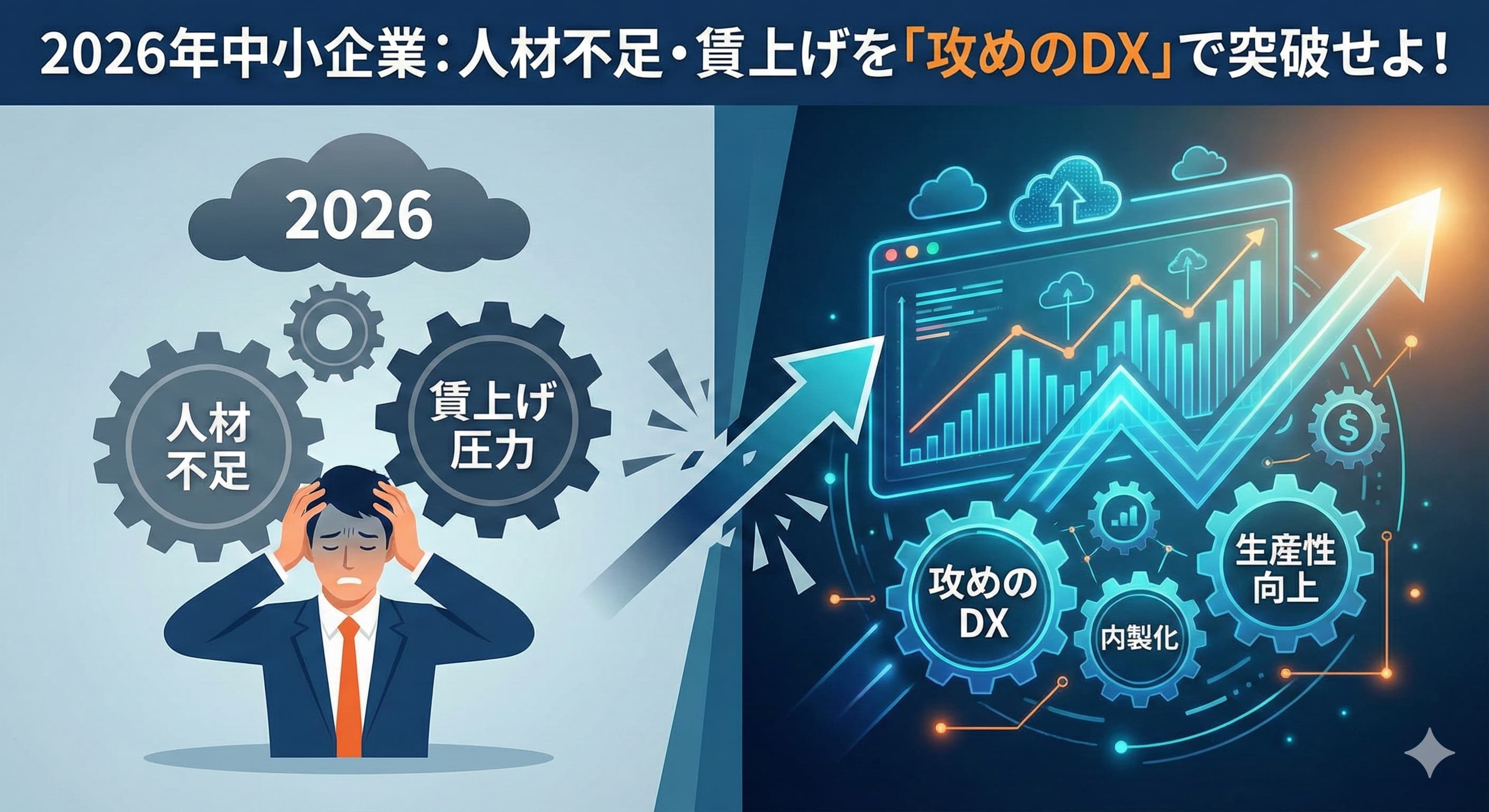 2026年、人材不足と賃上げの二重苦。中小企業が生き残るための「攻めのDX」とはのサムネイル